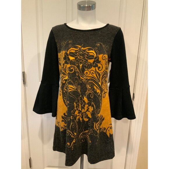 Aryeh Black & Yellow Paisley 3/4 Flare Sleeve Dress, Size Small - Picture 1 of 8